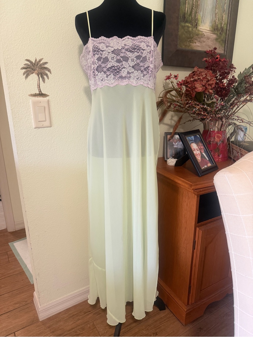 Victoria's Secret Lilac Lace & Pale Green Sheer Long Chemise